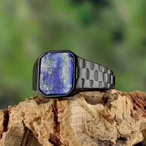Men's black titanium steel ring with rectangular lapis lazuli stone and embossed texture