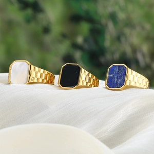 Mens square signet rings in gold finish with shell, onyx, and lapis stones on silk