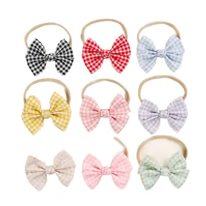 9-piece set of baby girl bow headbands with colorful gingham patterns and elastic nylon bands