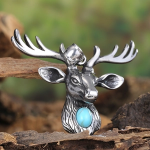 Punk vintage stainless steel elk deer head pendant with blue turquoise on wood base