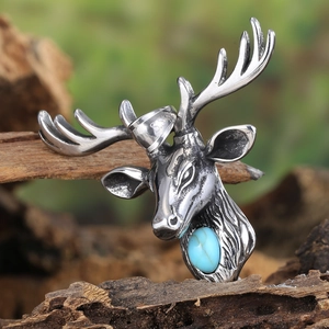 Retro punk style stainless steel s925 elk head pendant with blue turquoise gemstone