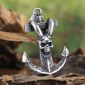 Vintage stainless steel skull anchor pendant with intricate antique finish details