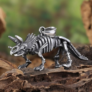 Vintage Stainless Steel Triceratops Skeleton Pendant Necklace Retro Dinosaur Bone Fossil Jewelry For Men Women Daily Wear