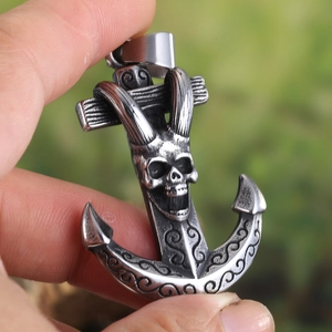 Retro stainless steel anchor pendant with skull and horn engraving in gothic motor style