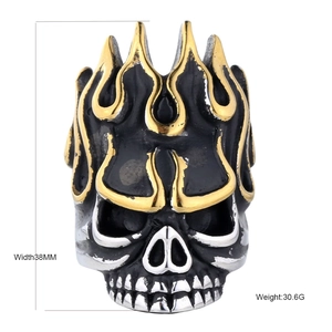Men's punk skull ring in black gold and silver stainless steel with 38mm flame design