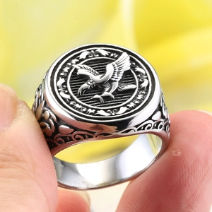 Vintage stainless steel Roman eagle ring with MOM engraving and intricate floral scrolls