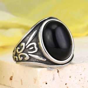 Vintage punk silver stainless steel ring featuring a large oval black gemstone for men