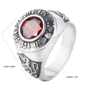 Vintage silver mens signet ring with red gemstone and lion relief engraving