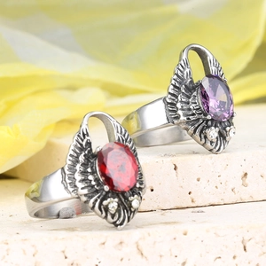 Anillos vintage de alas de águila de acero inoxidable con piedras ovaladas rojas y violetas