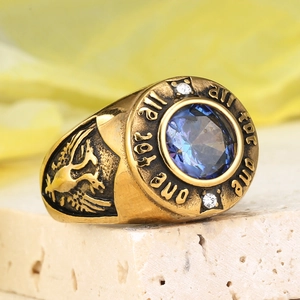 Men's vintage hip-hop ring with large blue gemstone and eagle relief engraving