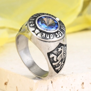 Vintage men's signet ring with blue gemstone and All For One engraved silver band