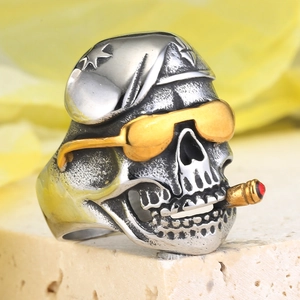 Vintage Edelstahl Cowboy Totenkopf Ring mit goldener Sonnenbrille und Zigarre