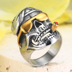 Herren Vintage Edelstahl Cowboy Totenkopf Ring Mit Baskenmütze Sonnenbrille Zigarre Strass Gothic Punk Hip Hop Schmuck