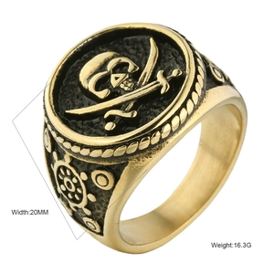 Punk style stainless steel pirate skull ring with gold plating and 20mm width detail
