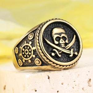 Retro pirate skull ring for men in vintage gold finish with engraved ship wheel details