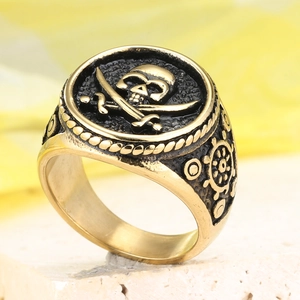 Stainless Steel Pirate Skull Ring For Men Vintage Punk Hip Hop Crossed Swords Ship Wheel Signet Finger Ring Jewelry