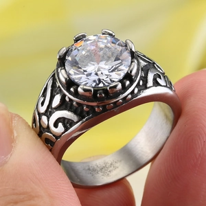Vintage stainless steel ring for men with large round gemstone and engraved vine patterns