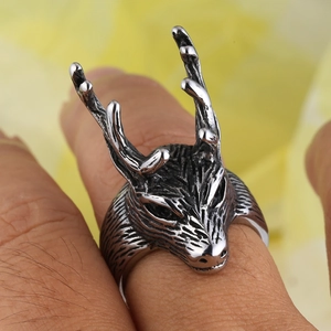 Detailed view of a retro punk ram head ring with intricate textures on stainless steel