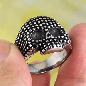 Vintage Punk Gothic Skull Ring Stainless Steel For Men Women Retro Distressed Metal Bead Texture Biker Finger Ring Jewelry