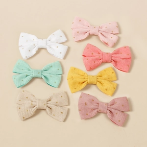 Lot de 7 barrettes à nœuds en velours côtelé avec pois dorés pour filles en tons pastel