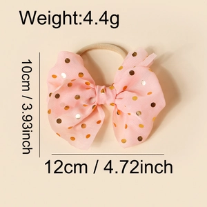 Pink chiffon bow baby headband with gold polka dots and soft nylon elastic band