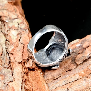 Macro shot of vintage titanium steel bull head ring placed on natural tree bark texture