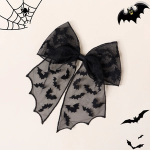 Black Halloween lace bat bow hair clip for girls with gothic mesh wings design