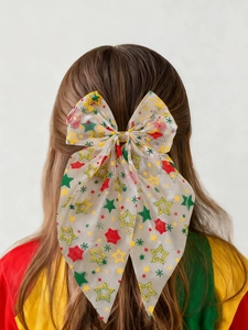 Détail d'un grand nœud en tulle avec motifs d'étoiles festives sur des cheveux châtains