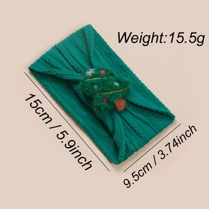Détail du bandeau en tricot vert foncé avec sapin de Noël en peluche et dimensions