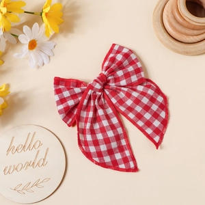 Détail du nœud papillon en coton vichy rouge avec marguerites et plaque hello world