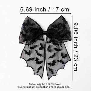 Black mesh Halloween hair bow with bat patterns and sawtooth tails for girls, 17x23cm