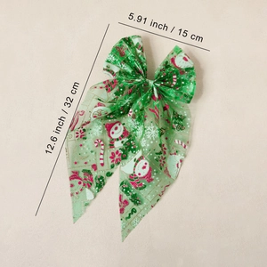 Nœud de Noël en maille verte avec motifs festifs et paillettes, taille 32cm x 15cm
