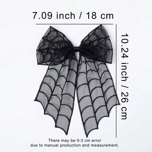 Detailed size map of black bat mesh bow hair clip for Halloween 26cm length