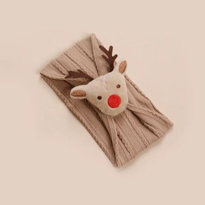 Bandeau de Noël en nylon pour bébés avec un renne en peluche 3D de couleur kaki doux