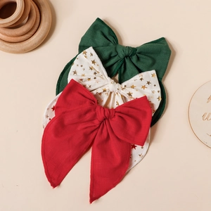 Lot de trois nœuds pour cheveux de Noël en coton faits main en rouge, vert et beige