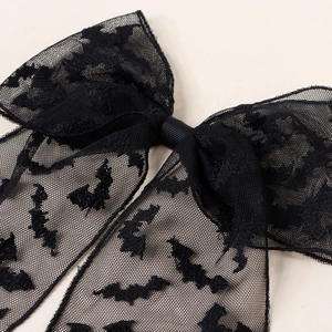 Halloween black lace bow hair clip for girls featuring velvet bat patterns on mesh fabric