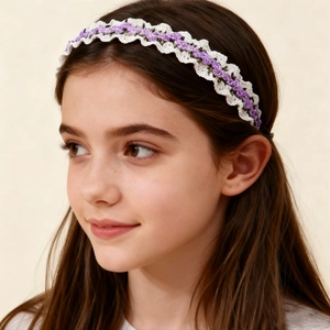 Serre-tête en dentelle crochetée à fleurs blanc et violet pour filles et enfants