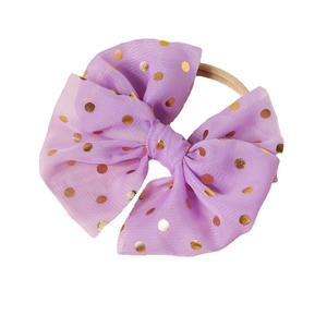 Purple mesh bow headband for babies with gold glitter polka dots and nylon elastic band