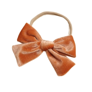 Handmade ginger velvet bow headband for infants featuring soft high-elastic nylon band