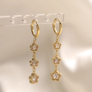 Roestvrij Stalen Drievoudige Ster Hangende Oorbellen Voor Dames 18K Verguld Zirkoon Kwast Ster Oorbellen Elegante Sieraden