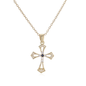 Magnifique collier croix évidée plaqué or 18 carats avec saphir central et zircons blancs