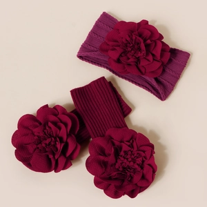 Ensemble Bandeau Et Chaussettes Bébé Grandes Fleurs 3D Tricot Doux Accessoires Photographie Nouveau-Né Cadeau Fille