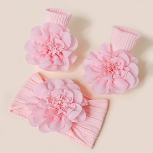Coffret bandeau et chaussettes roses avec grandes fleurs 3D pour photos de nouveau-né