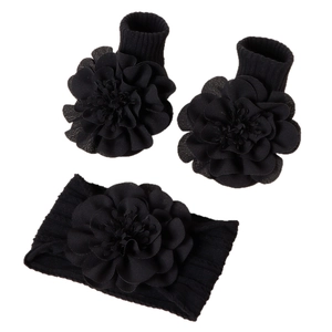 Ensemble chaussettes et bandeau bébé noir en tricot avec grandes fleurs 3D pour photos