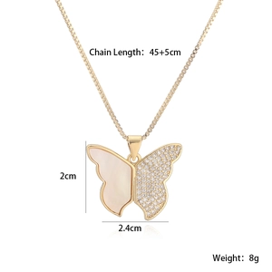 Collier papillon plaqué or 18K avec nacre et zircons cubiques, chaîne de 45cm