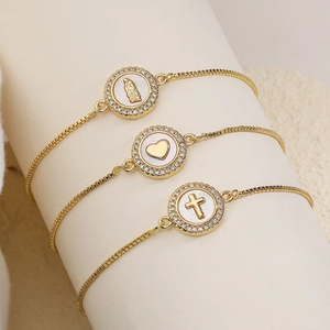 Women 18K Gold Plated Copper Zirconia Bracelet Adjustable Bolo Box Chain Elegant Heart Cross Virgin Mary Religious Jewelry