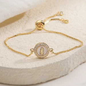 18K gold plated adjustable bracelet with Virgin Mary shell pendant and zircon accents