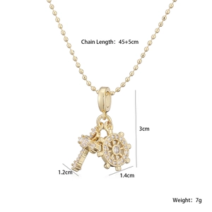 Collier chaîne à billes plaqué or 18K avec pendentifs clé et gouvernail en zircon