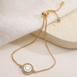 Adjustable 18K gold plated bolo bracelet with zircon shell heart pendant for women