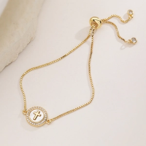 Adjustable 18K gold plated cross pendant bracelet with shell inlay and zircon accents